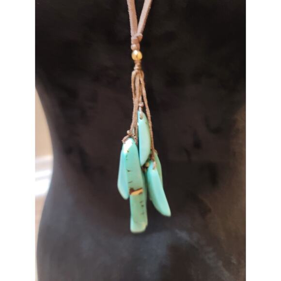 Women's Long Suede Necklace With Turquoise Stone Drops And Bead Slide Lock - Picture 3 of 5